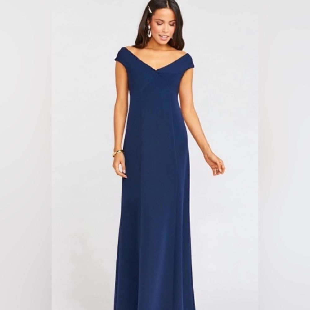Show Me Your Mumu Zurich Knot Off Shoulder Navy Stretch Crepe Gown XS
NEW